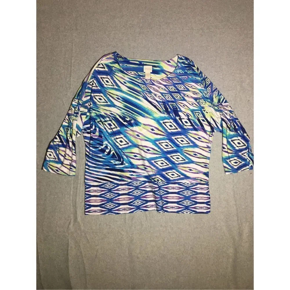Womens Chicos Top Size XL Blue Green White Aztec Abstract Print Artistic